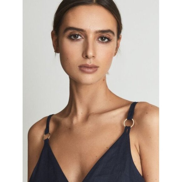 NWT REISS KAY TIE DETAIL NAVY  LINEN MIDI DRESS SIZE 2 - Picture 4 of 12